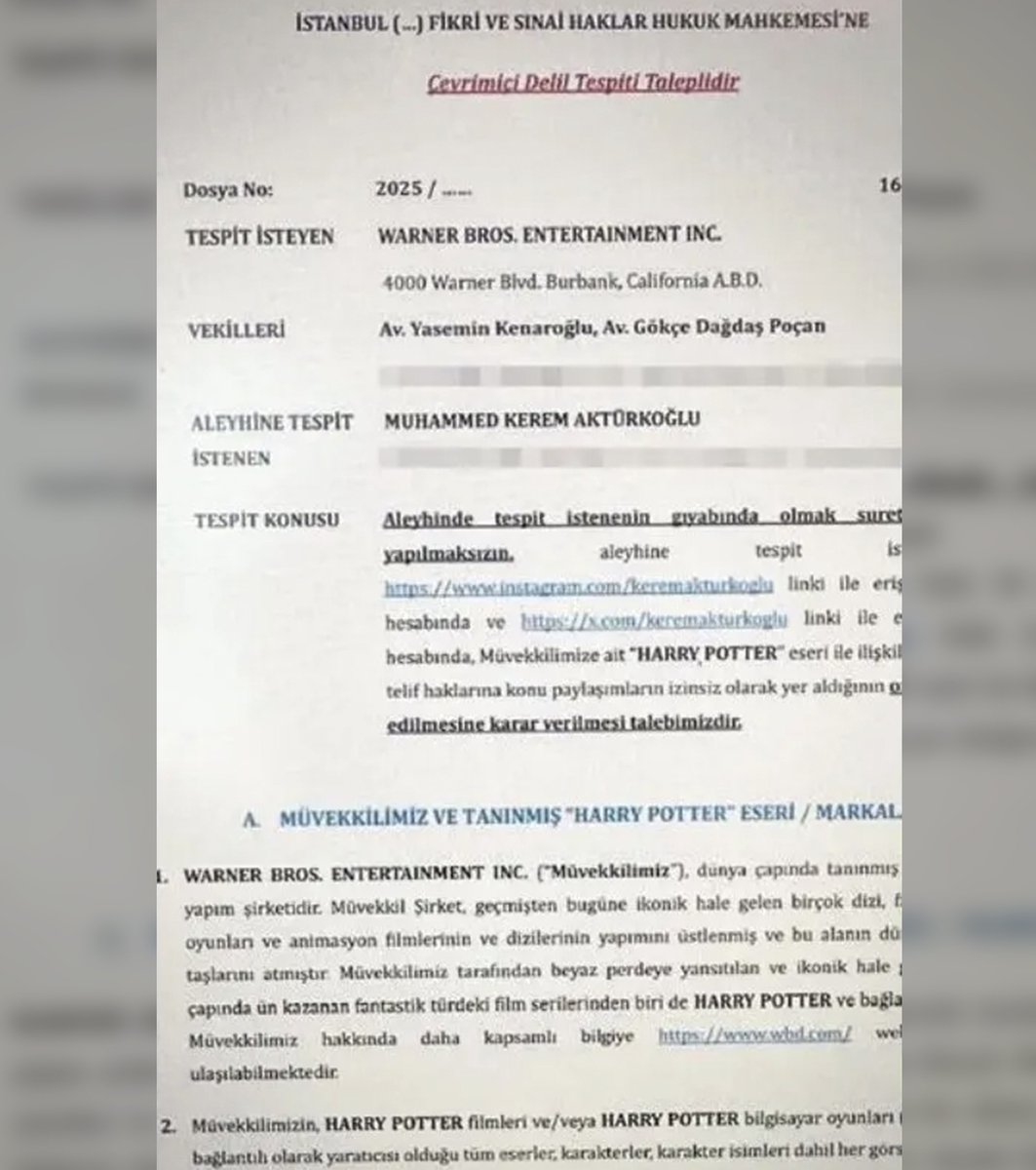 Warner Bros'tan Kerem Aktürkoğlu Hakkında Çevrimiçi Delil Tespit Talebi