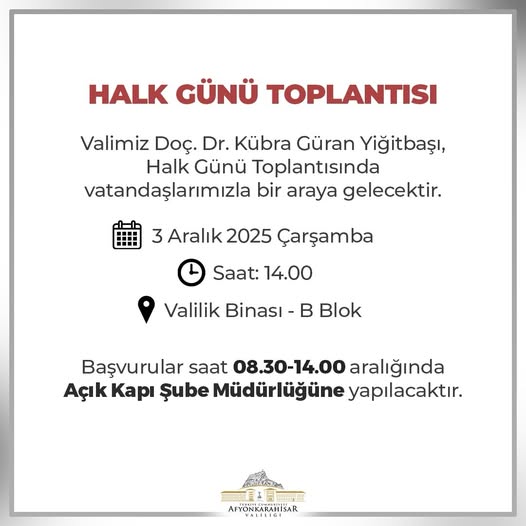 Afyonkarahisar Valisi Yiğitbaşı, Halk Günü Toplantısı Düzenleyecek