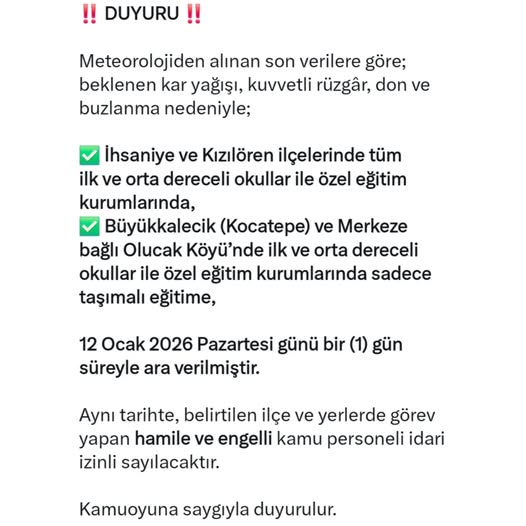 Afyonkarahisar'da Kar Yağışı Nedeniyle Eğitime Bir Gün Ara Verildi