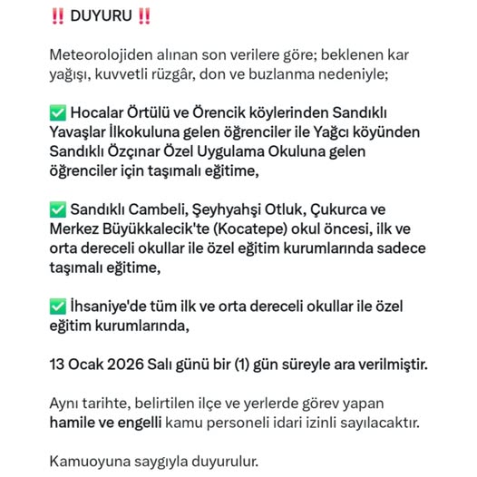 Afyonkarahisar'da Kar Yağışı Nedeniyle Eğitime Bir Gün Ara Verildi