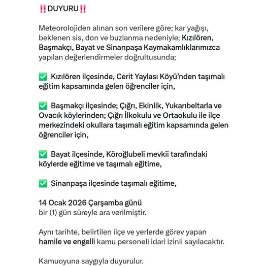 Afyonkarahisar'da Kötü Hava Koşulları Nedeniyle Eğitime Bir Gün Ara Verildi