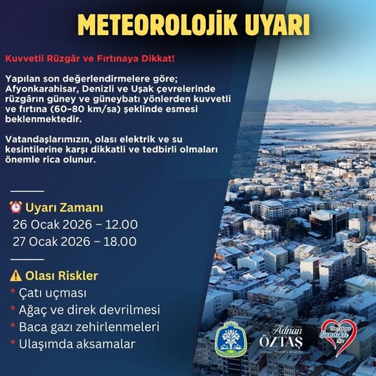 Afyonkarahisar, Denizli ve Uşak'ta Kuvvetli Rüzgar ve Fırtına Uyarısı