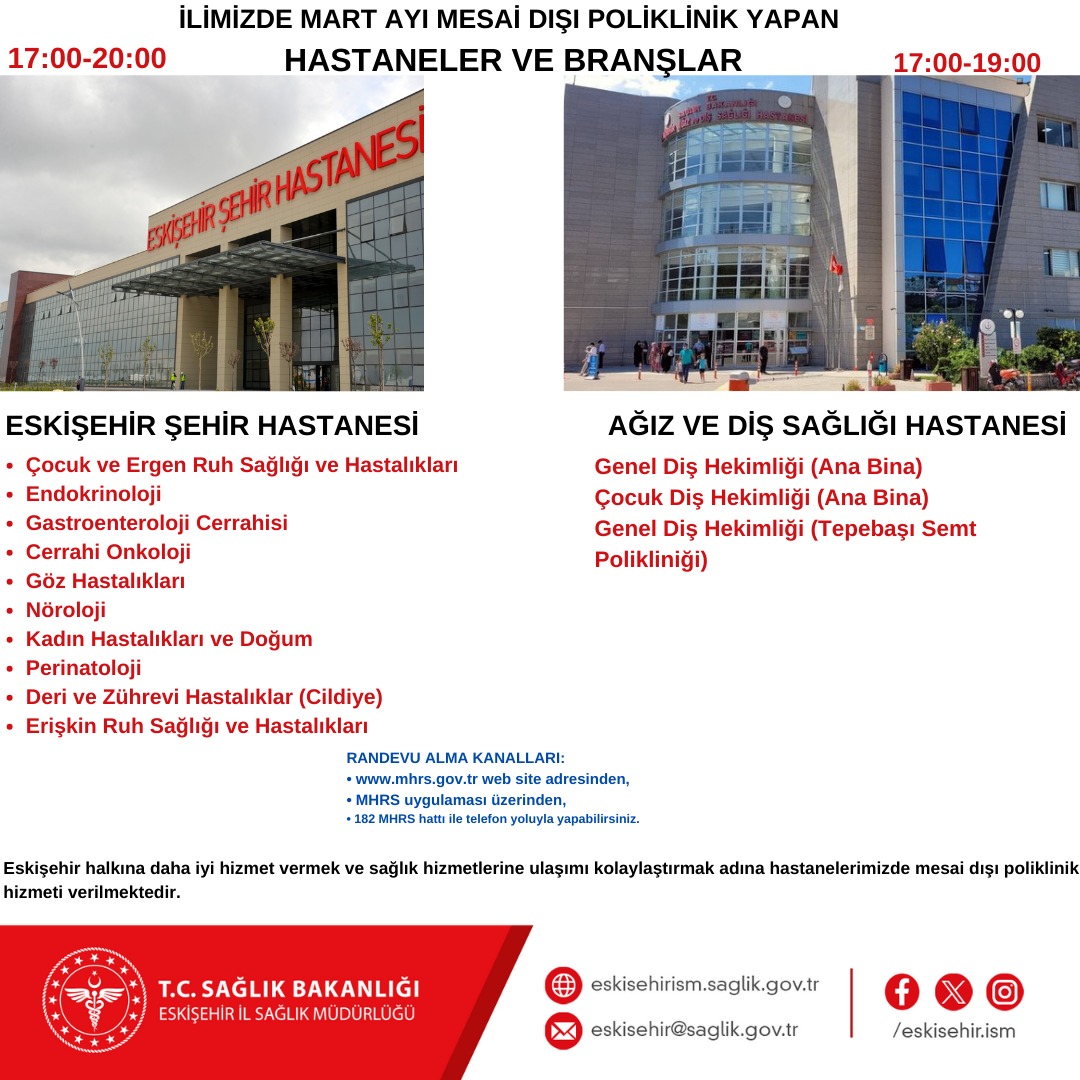 Eskişehir'de Hastanelerde Mart Ayı Mesai Dışı Poliklinik Hizmetleri Açıklandı